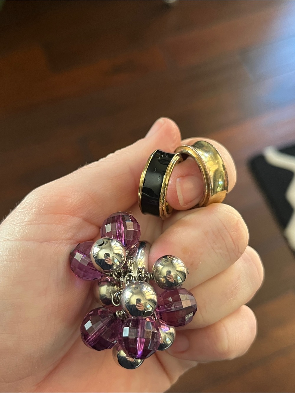 kate spade Gold-Tone and Black Stacked Rings with Purple Bead Cluster